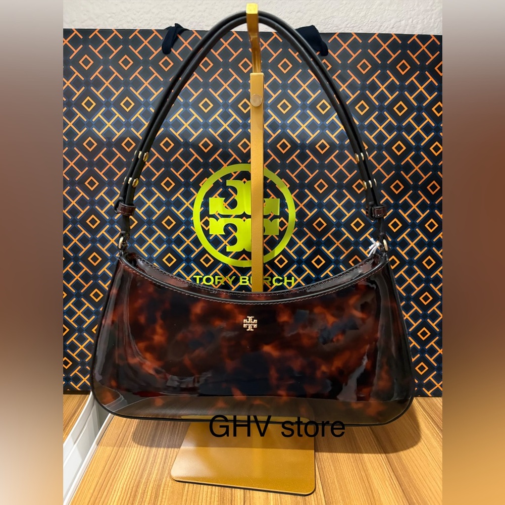 Tory Burch Emerson Brown Tortoise patent  Shoulder Bag